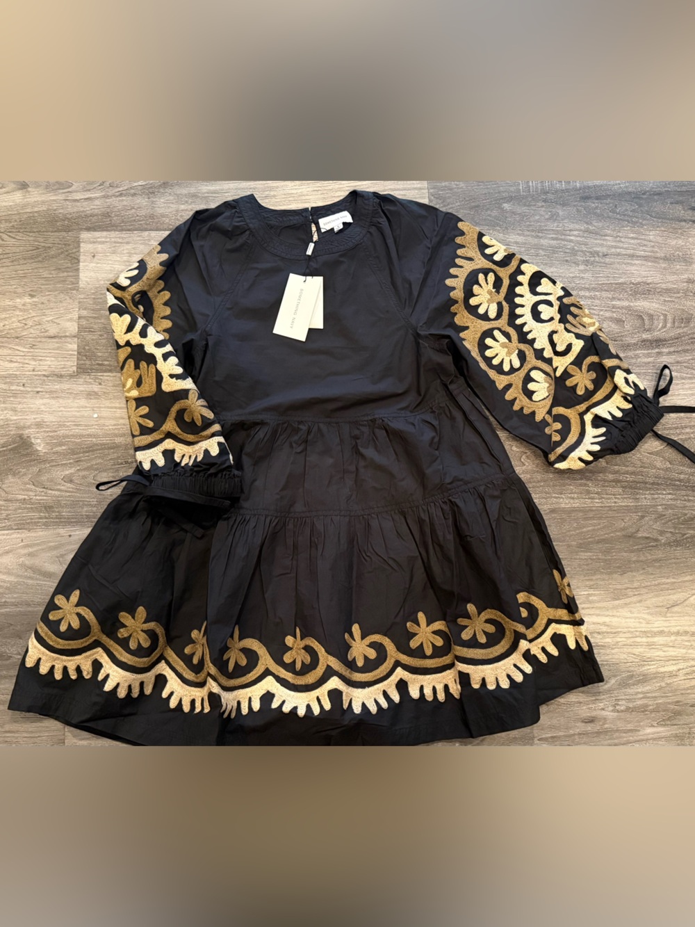 Something Navy Black Dress with Gold Tan Embroidery NWT Small